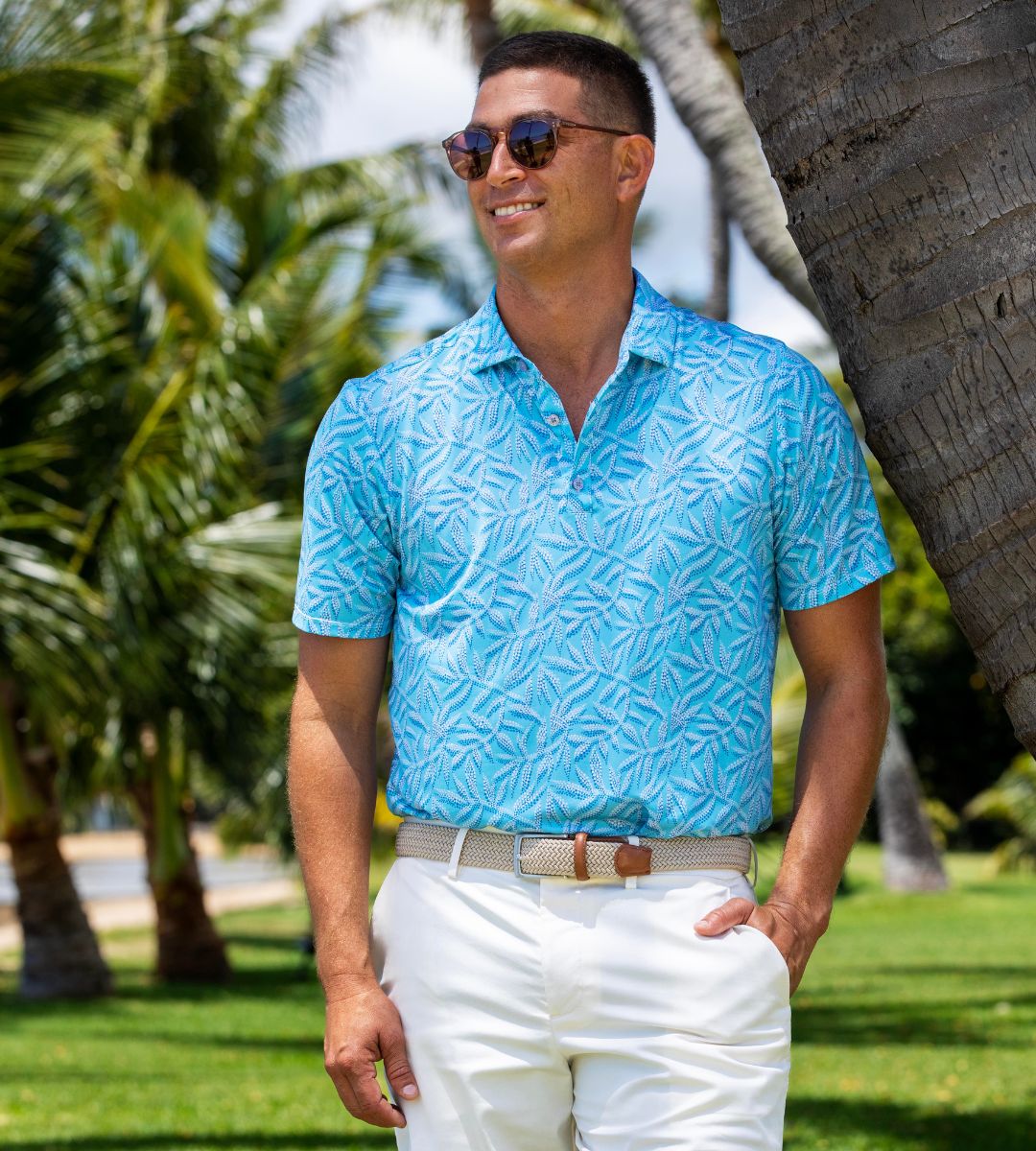 Island Crew Men's Stretch Short Sleeve Polo Shirt: Leafshore, Aqua Island Crew Men's Stretch Short Sleeve Polo Shirt: Leafshore, Aqua