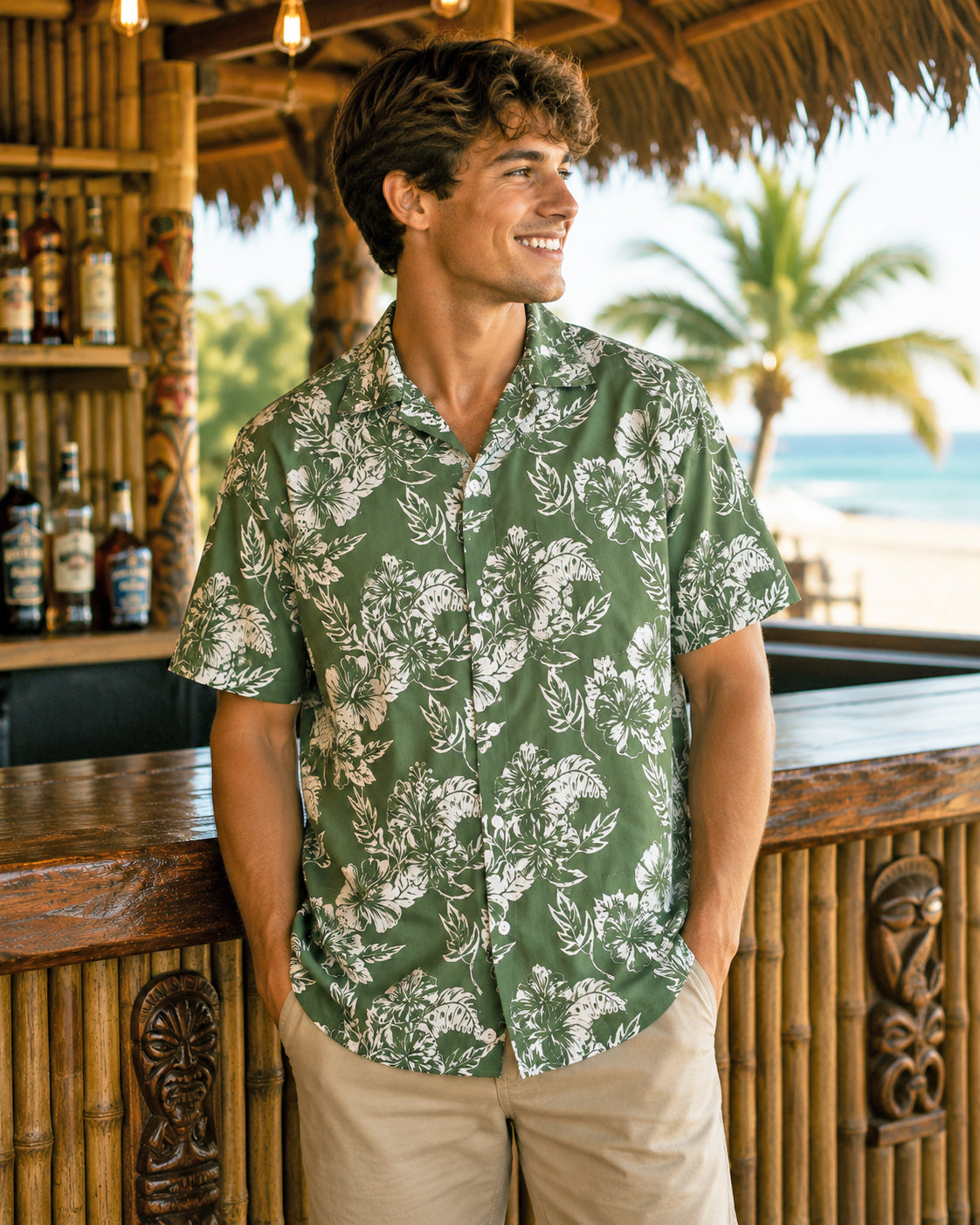 Island Crew Men's Stretch Short Sleeve Aloha Shirt: Hibiscus
