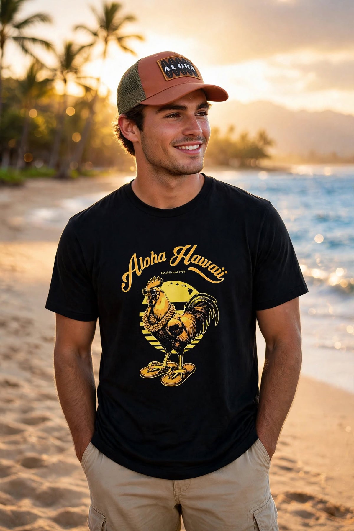 MIXED BLEND SHORT SLEEVE T-SHIRT: Aloha Hawaii Rooster