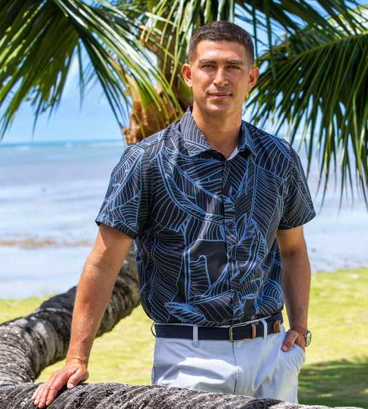 Island Crew Men's Stretch Short Sleeve Aloha Shirt: Banana Grove, Black