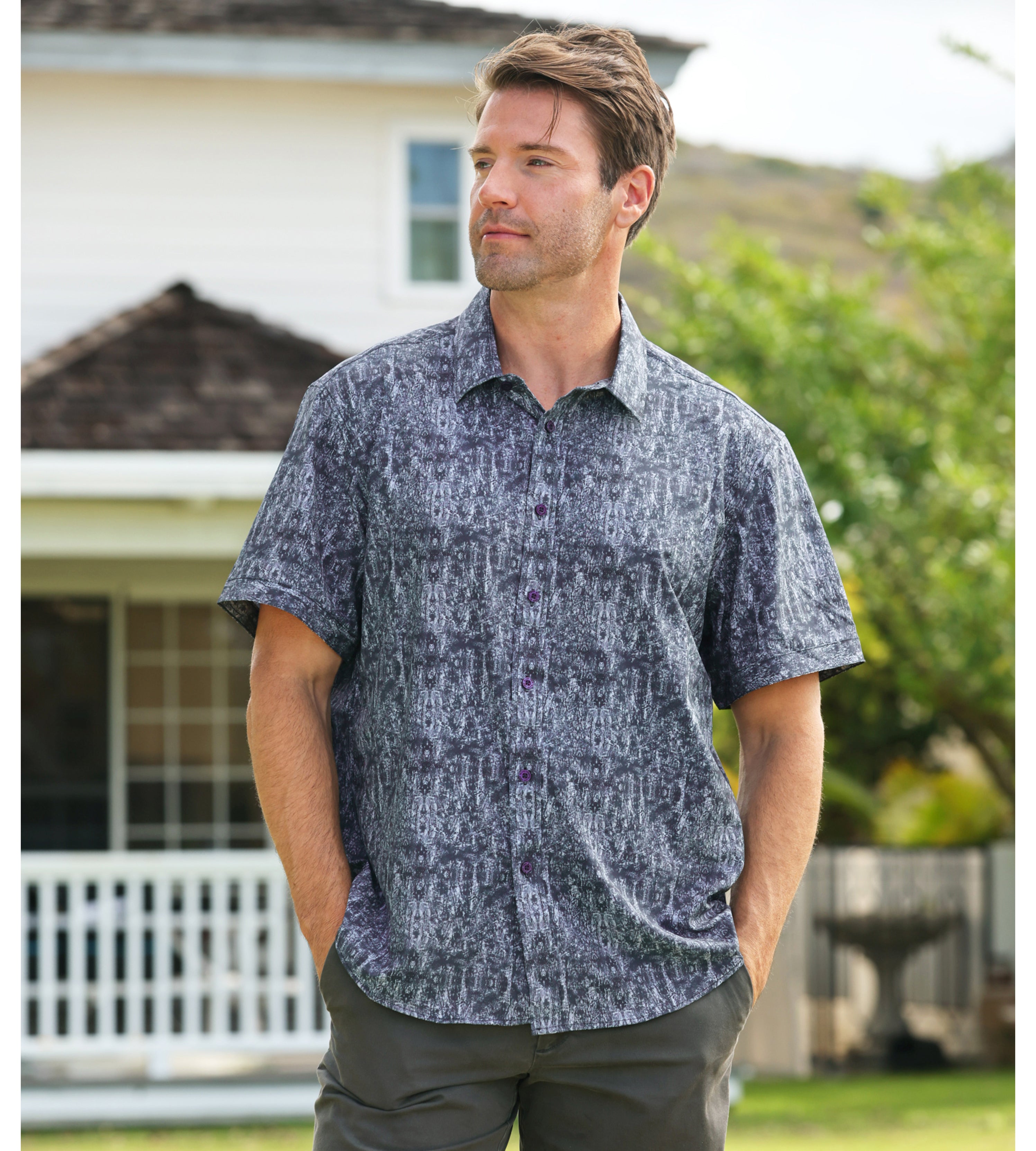 Island Crew Men's Stretch Short Sleeve Aloha Shirt: Island