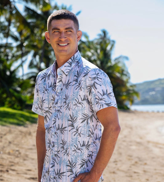 Island Crew Men's Stretch Short Sleeve Aloha Shirt: Oasis, Cream