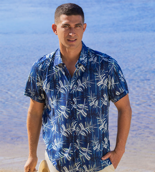 Island Crew Men's Stretch Short Sleeve Aloha Shirt: Oasis, Navy
