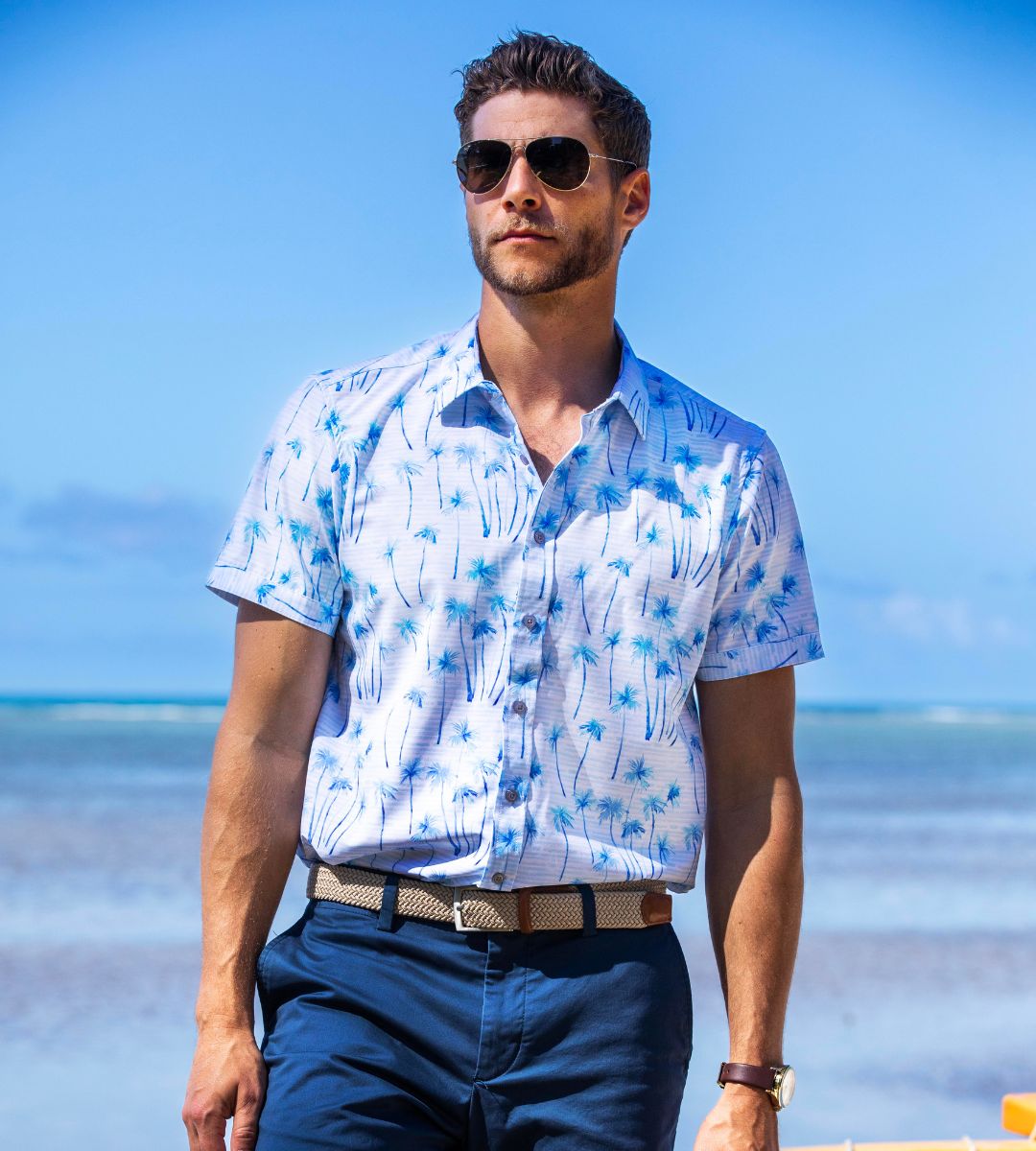 Island Crew Men's Stretch Short Sleeve Aloha Shirt: Palm Shore, White