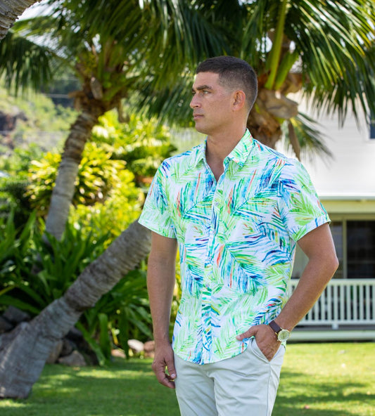 Island Crew Men's Stretch Short Sleeve Aloha Shirt: Palm Breeze, White