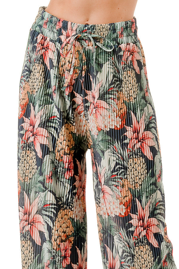 WOMEN'S STRETCH PLEATED PANTS: Pineapple Fiesta