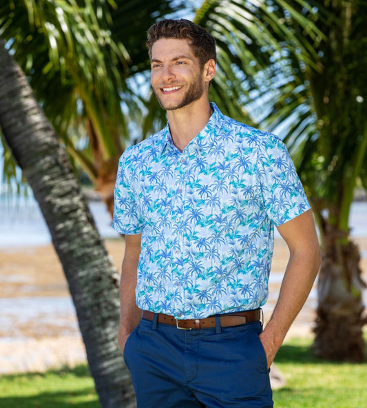 Island Crew Men's Stretch Short Sleeve Aloha Shirt: Palm Plantation, Light Blue