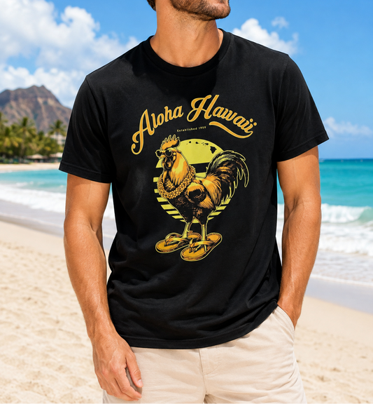 MIXED BLEND SHORT SLEEVE T-SHIRT: Aloha Hawaii Rooster