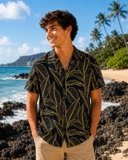 Island Crew Men's Stretch Short Sleeve Aloha Shirt: Golden Tropics
