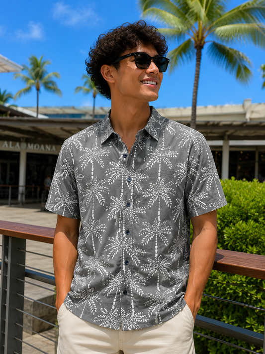 Island Crew Men's Stretch Short Sleeve Aloha Shirt: Palm Silhoutte