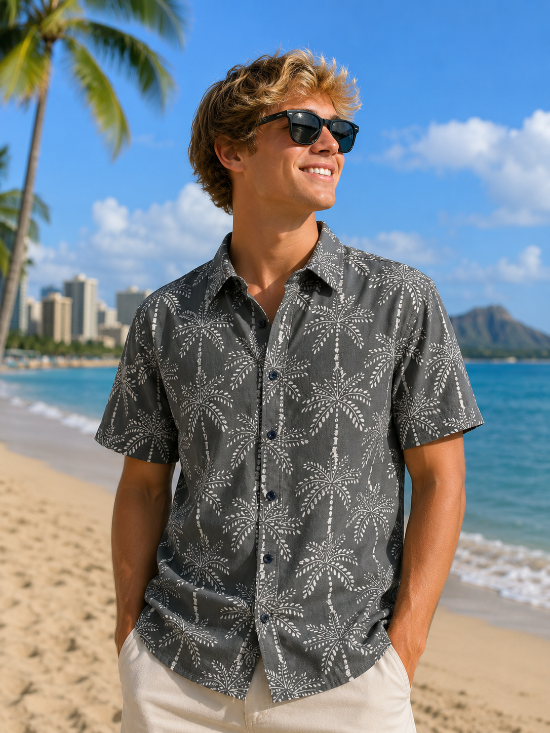 Island Crew Men's Stretch Short Sleeve Aloha Shirt: Coconut Grove