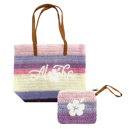 MEDIUM STRIPED BEACH STRAW TOTE BAG W/ POUCH SET: Rainbow Aloha