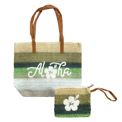 MEDIUM STRIPED BEACH STRAW TOTE BAG W/ POUCH SET: Rainbow Aloha