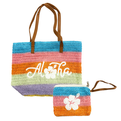 MEDIUM STRIPED BEACH STRAW TOTE BAG W/ POUCH SET: Rainbow Aloha
