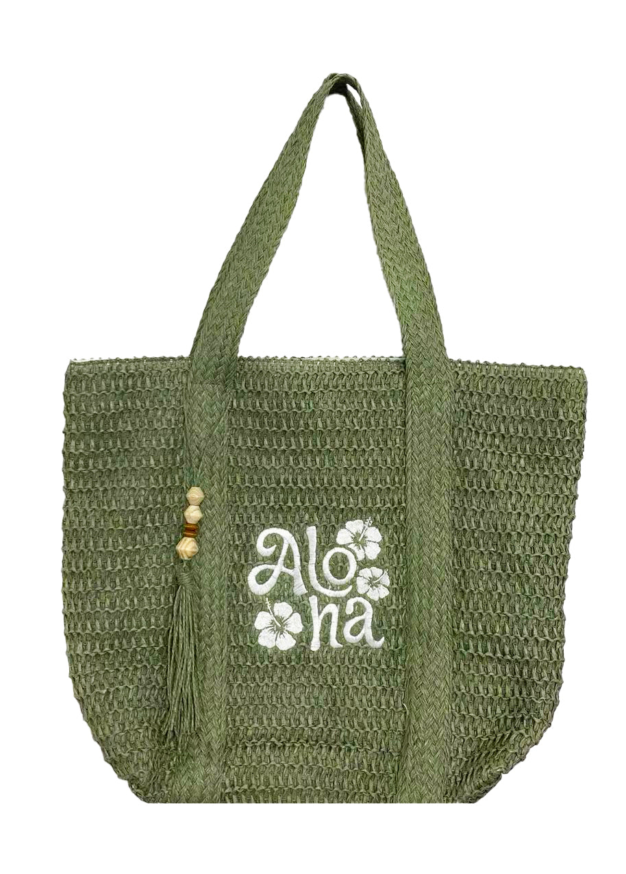 STRAW TOTE BAG W/ EMBROIDERED LOGO: Aloha
