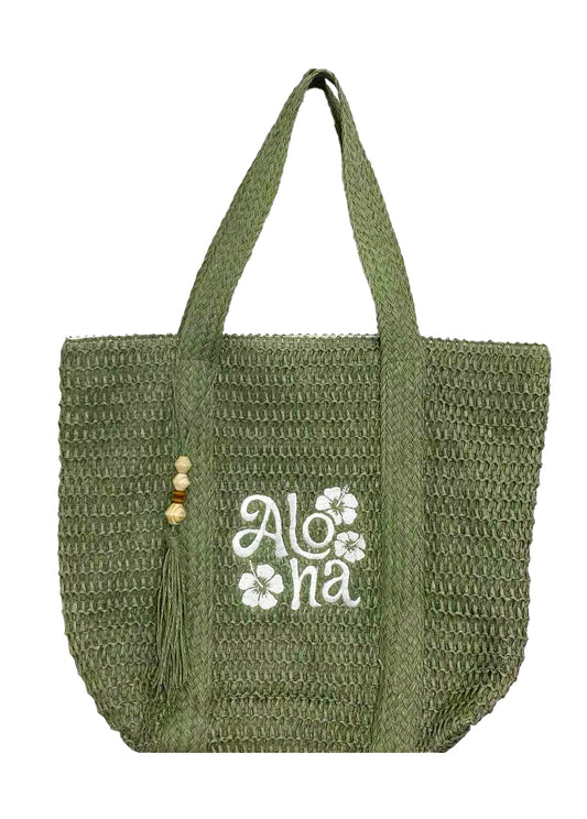 STRAW TOTE BAG W/ EMBROIDERED LOGO: Aloha