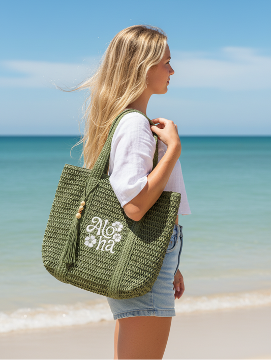 STRAW TOTE BAG W/ EMBROIDERED LOGO: Aloha