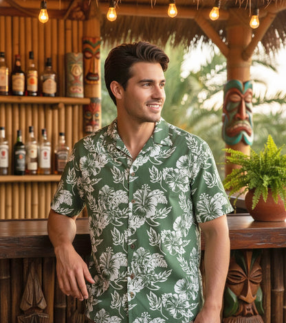 Island Crew Men's Stretch Short Sleeve Aloha Shirt: Hibiscus, Olive
