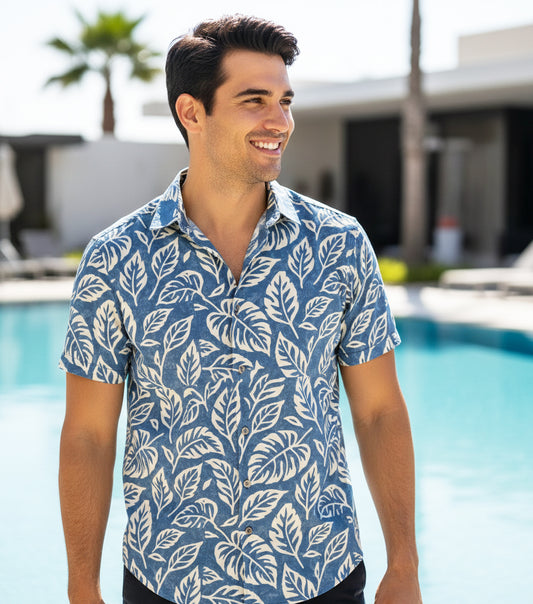 Island Crew Men's Stretch Short Sleeve Aloha Shirt: Leaf, Blue