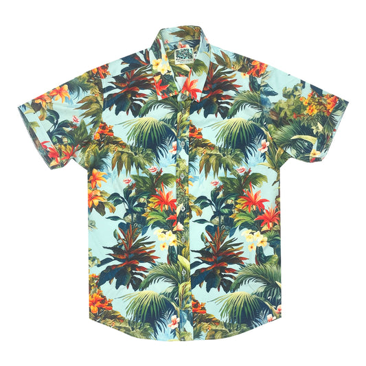 Island Crew Men's Stretch Short Sleeve Aloha Shirt: Manoa Jungle, Blue