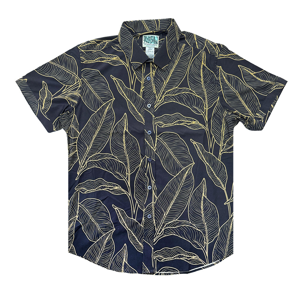 Island Crew Men's Stretch Short Sleeve Aloha Shirt: Banana Leaf