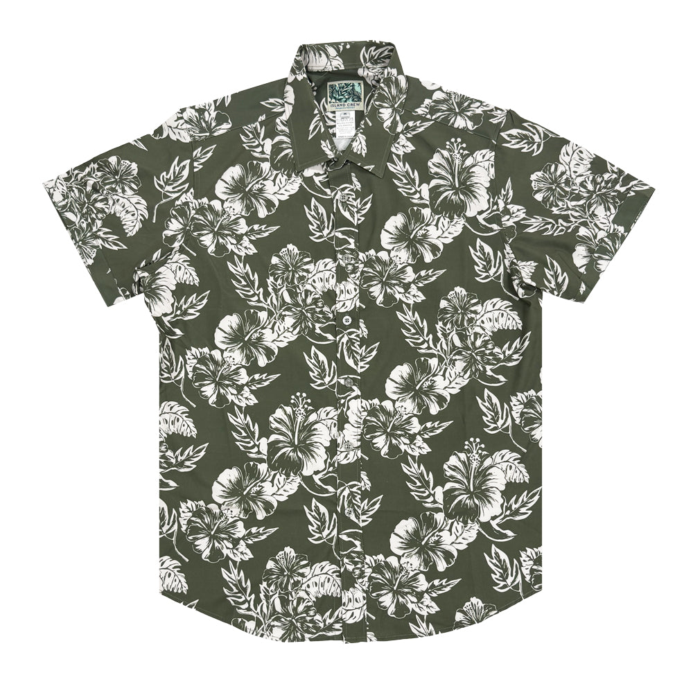 Island Crew Men's Stretch Short Sleeve Aloha Shirt: Hibiscus, Olive