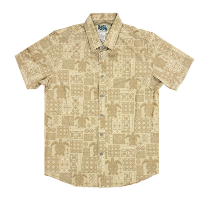 Island Crew Men's Stretch Short Sleeve Aloha Shirt: Honu Ulu, Beige