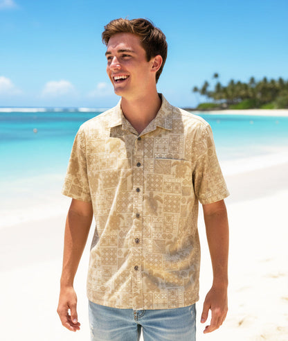 Island Crew Men's Stretch Short Sleeve Aloha Shirt: Honu Ulu, Beige