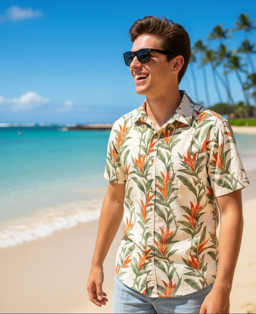 Island Crew Men's Stretch Short Sleeve Aloha Shirt: Tropical Flower