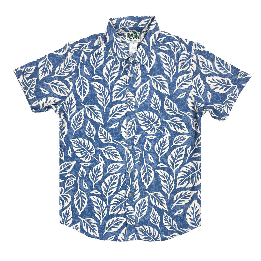 Island Crew Men's Stretch Short Sleeve Aloha Shirt: Leaf, Blue