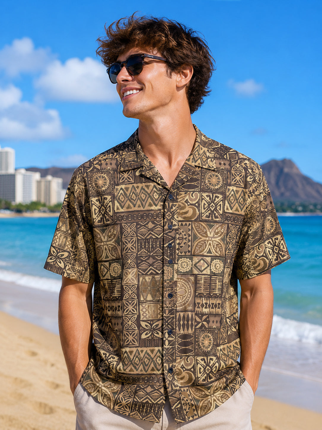 Island Crew Men's Stretch Short Sleeve Aloha Shirt: Tapa
