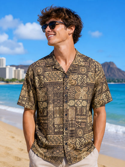 Island Crew Men's Stretch Short Sleeve Aloha Shirt: Tapa