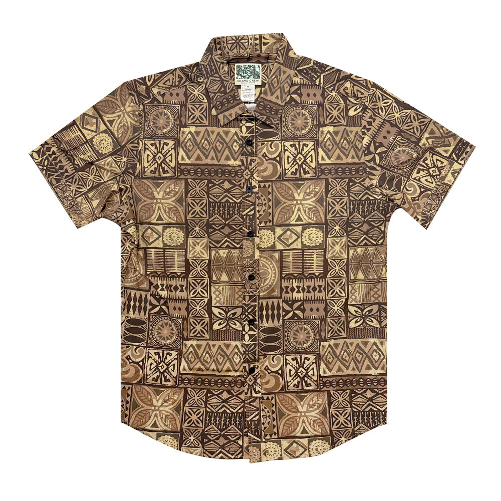 Island Crew Men's Stretch Short Sleeve Aloha Shirt: Tapa