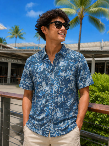 Island Crew Men's Stretch Short Sleeve Aloha Shirt: Pacific Silhouette
