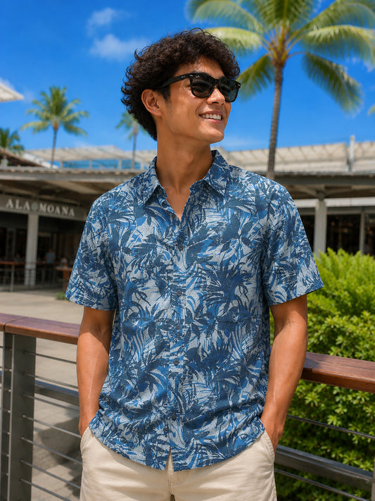 Island Crew Men's Stretch Short Sleeve Aloha Shirt: Pacific Silhouette