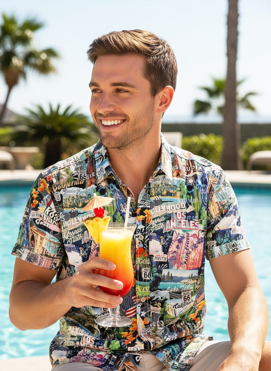 Island Crew Men's Stretch Short Sleeve Aloha Shirt: California State
