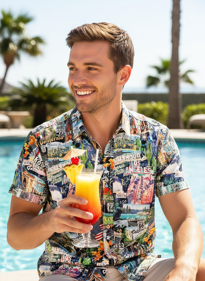Island Crew Men's Stretch Short Sleeve Aloha Shirt: California State