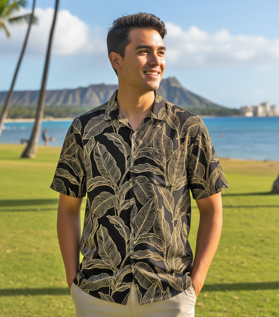 Island Crew Men's Stretch Short Sleeve Aloha Shirt: Banana Leaf