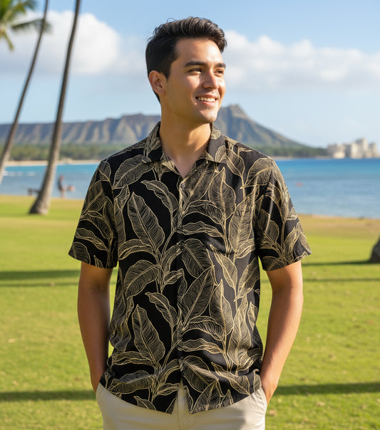 Island Crew Men's Stretch Short Sleeve Aloha Shirt: Banana Leaf, Black