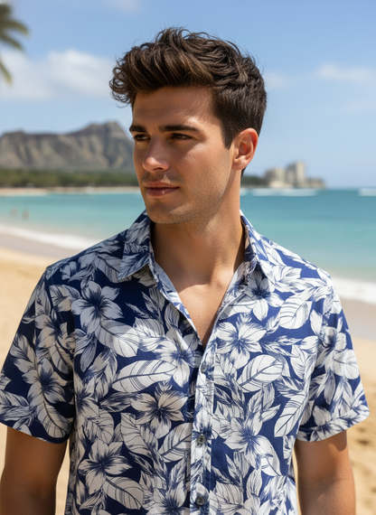 Island Crew Men's Stretch Short Sleeve Aloha Shirt: Midnight Floral, Blue