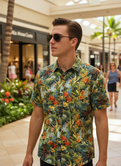 Island Crew Men's Stretch Short Sleeve Aloha Shirt: Manoa Jungle, Blue