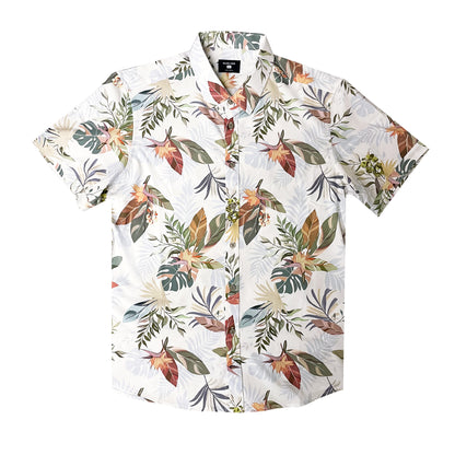 Island Crew Men's Stretch Short Sleeve Aloha Shirt: Paradise Bloom, White