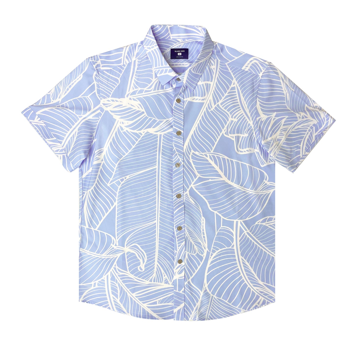 Island Crew Men's Stretch Short Sleeve Aloha Shirt: Banana Grove, Light Blue