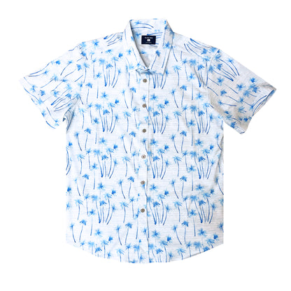 Island Crew Men's Stretch Short Sleeve Aloha Shirt: Palm Shore, White