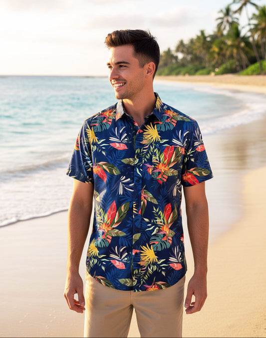 STRETCH SHORT SLEEVE ALOHA SHIRT: TROPICAL BREEZE