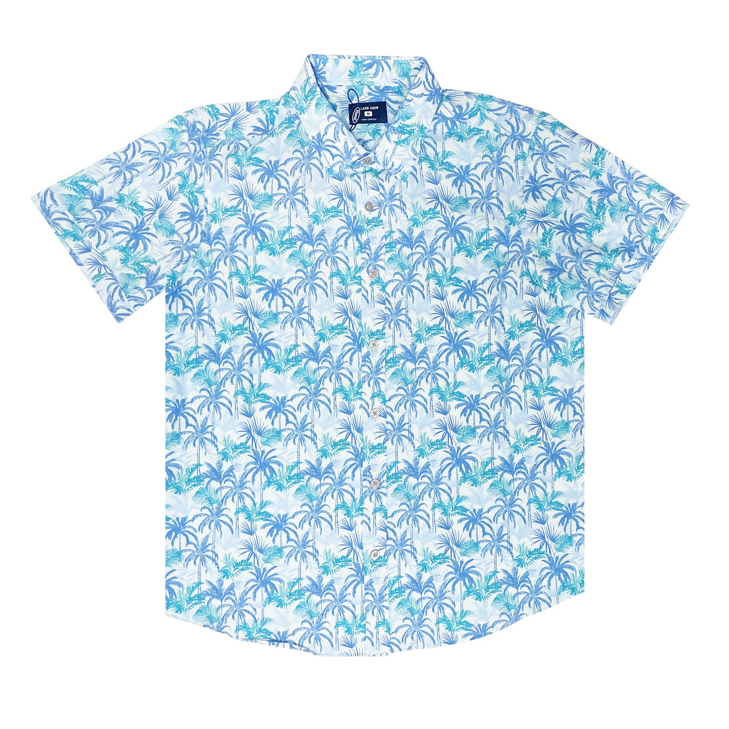 Island Crew Men's Stretch Short Sleeve Aloha Shirt: Palm Plantation, Light Blue