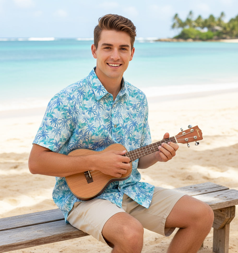 Island Crew Men's Stretch Short Sleeve Aloha Shirt: Palm Plantation, Light Blue