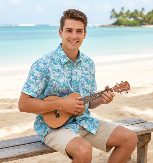 Island Crew Men's Stretch Short Sleeve Aloha Shirt: Palm Plantation, Light Blue