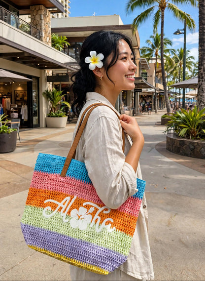 MEDIUM STRIPED BEACH STRAW TOTE BAG W/ POUCH SET: Rainbow Aloha